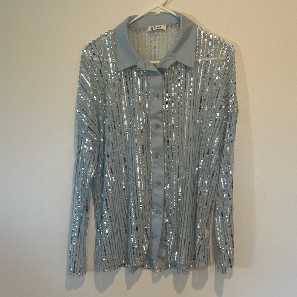 Silver Sequin Button-Up Shirt